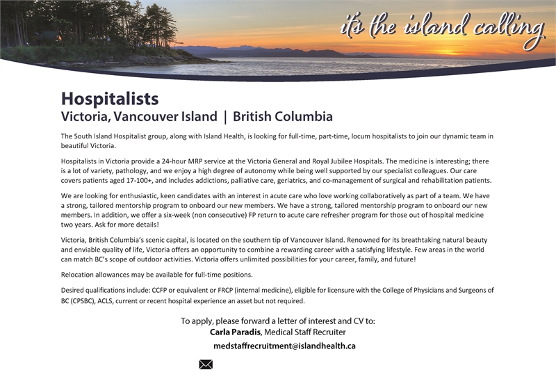 Display ad for Island Health advertising for full-time, part-time and Locum Hospitalists to join